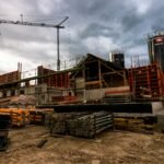 Construction site with equipment and scaffolding