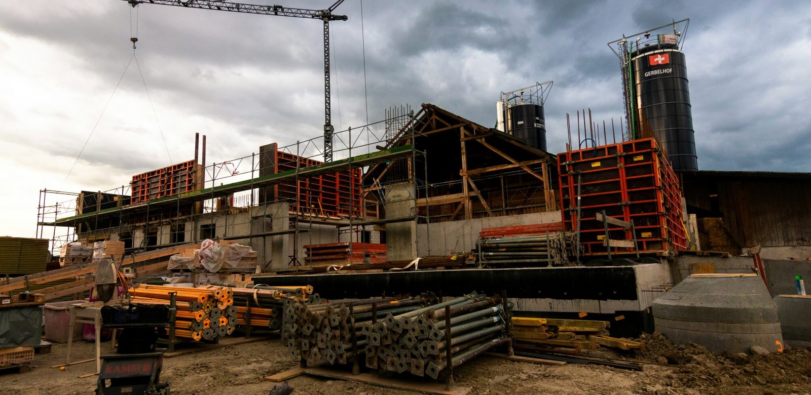 Construction site with equipment and scaffolding
