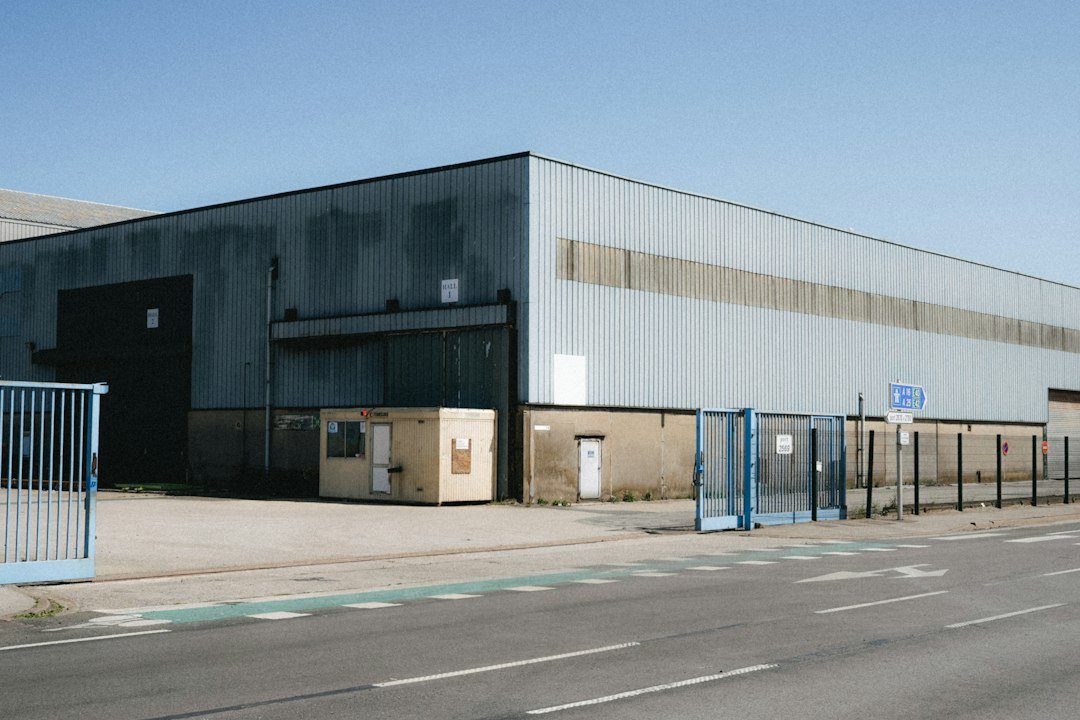 Industrial warehouse exterior and access road